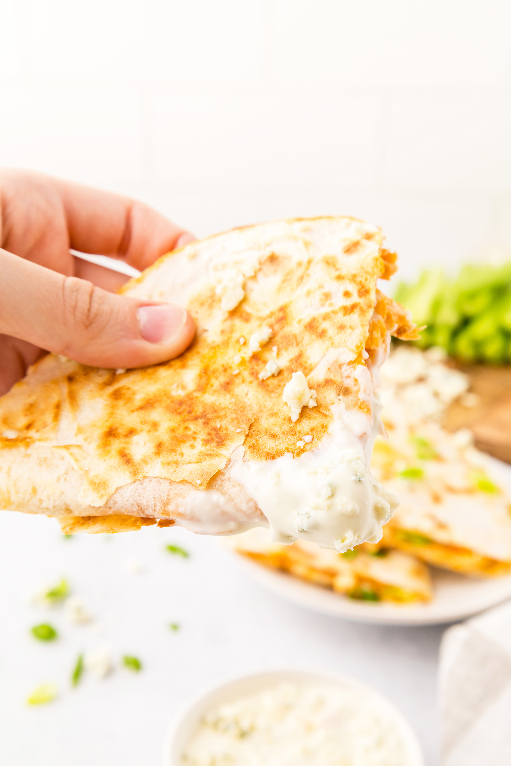 hand holding a buffalo chicken quesadilla half