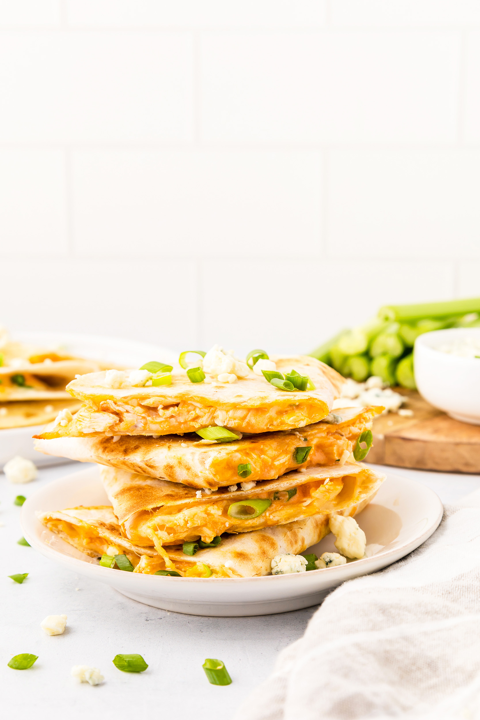 buffalo chicken quesadilla recipe finished, cut and ready for eating