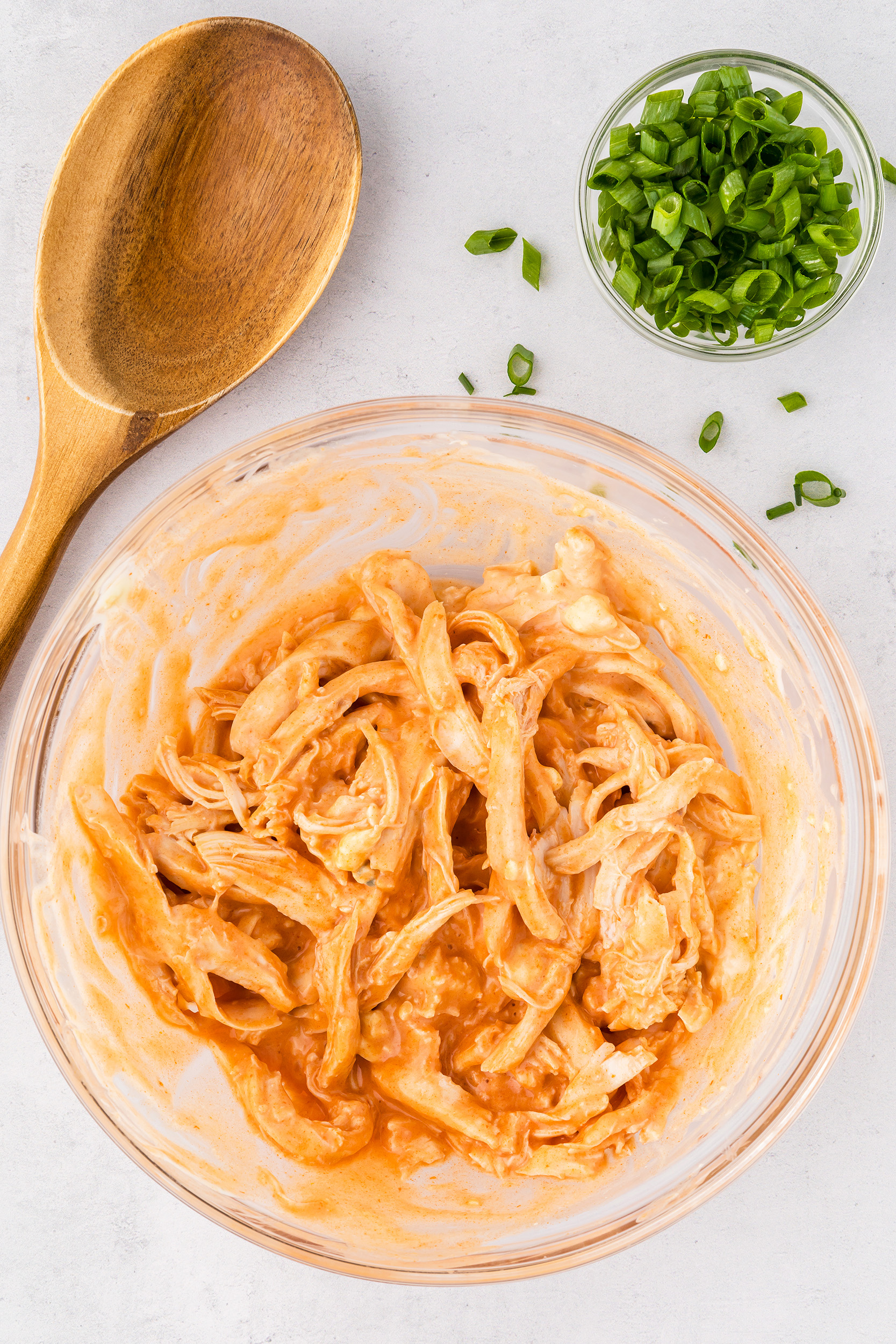 fully mixed shredded buffalo chicken