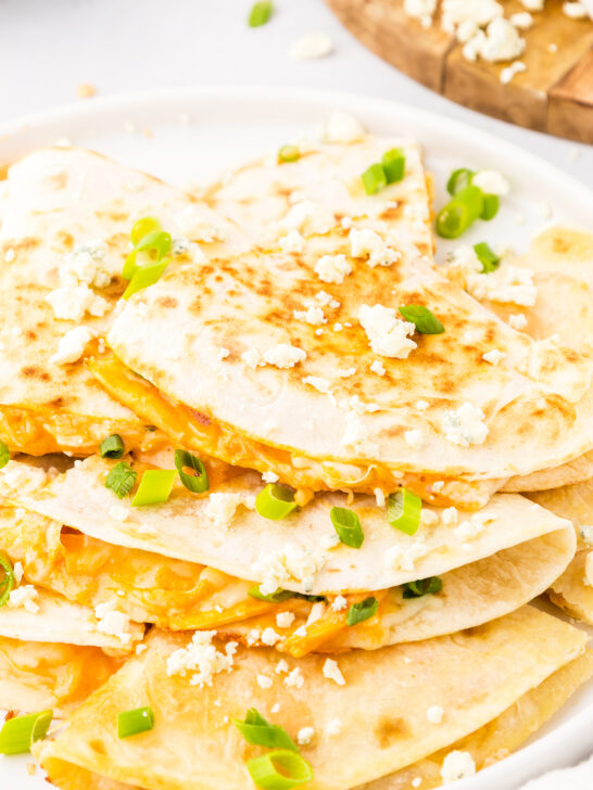 closeup photo of cooked buffalo chicken quesadillas recipe