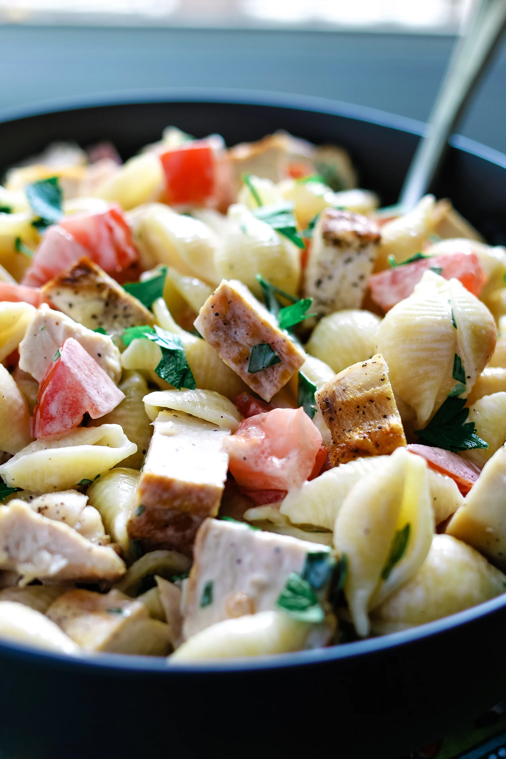 closeup photo of diced chicken tossed in ranch dressing