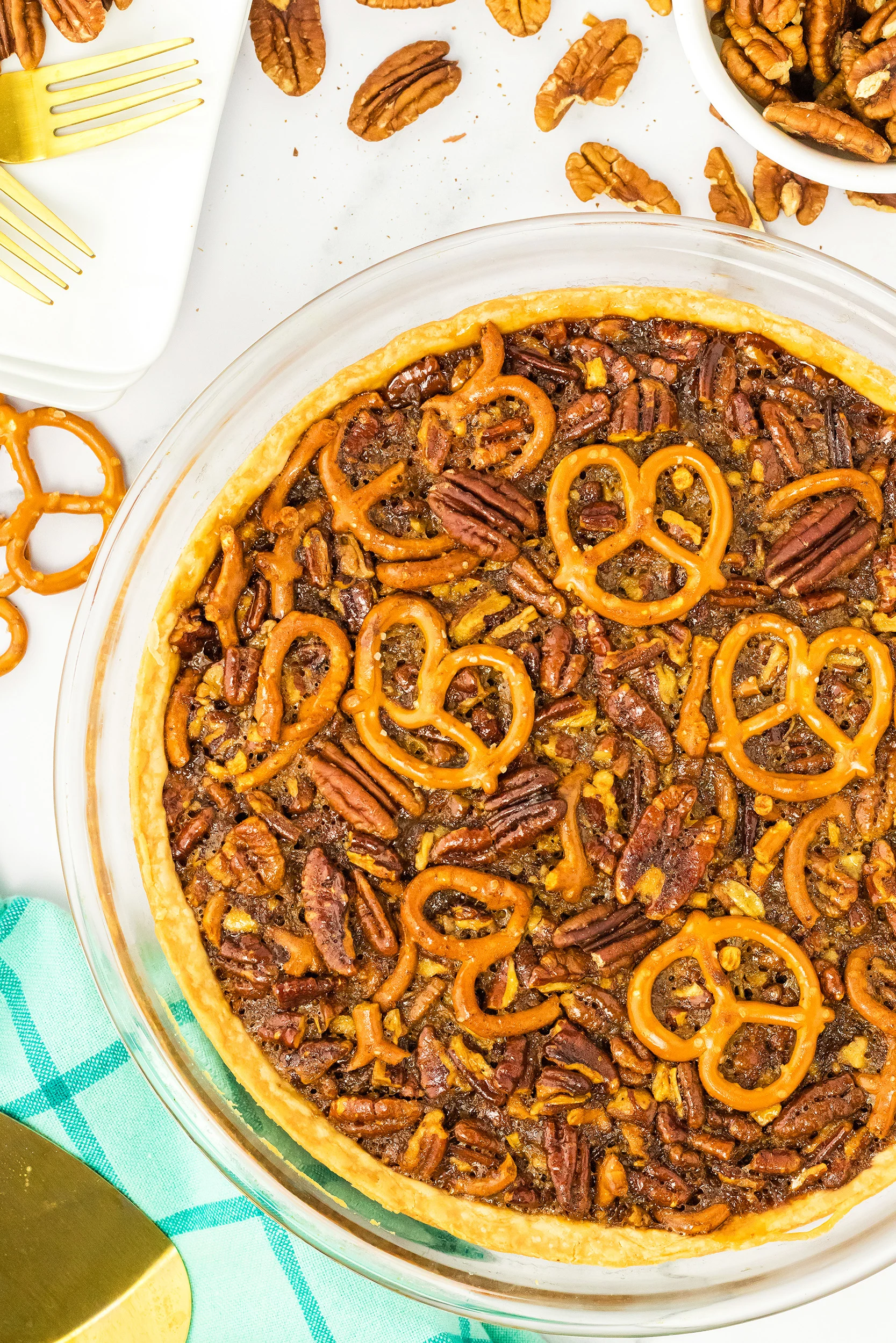 full pretzel pecan pie recipe before slicing