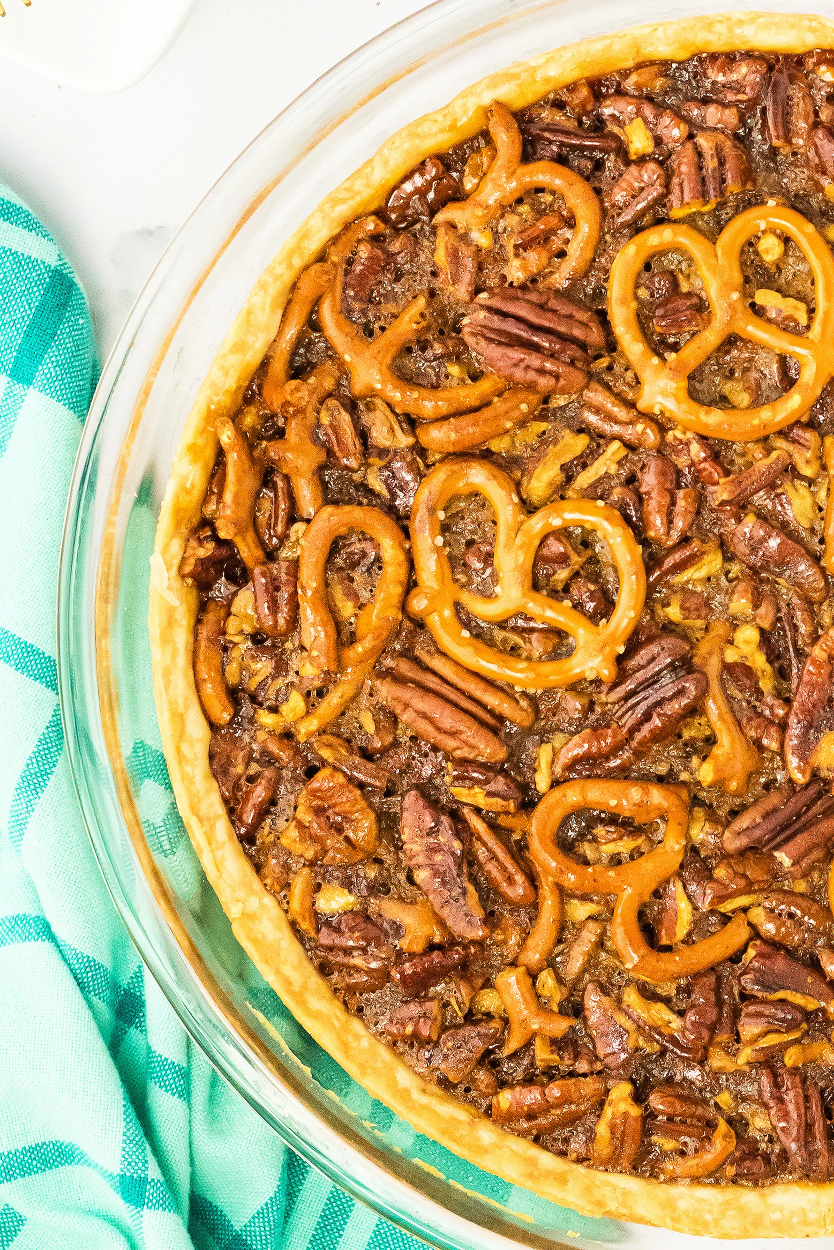 closeup of a baked pecan pie