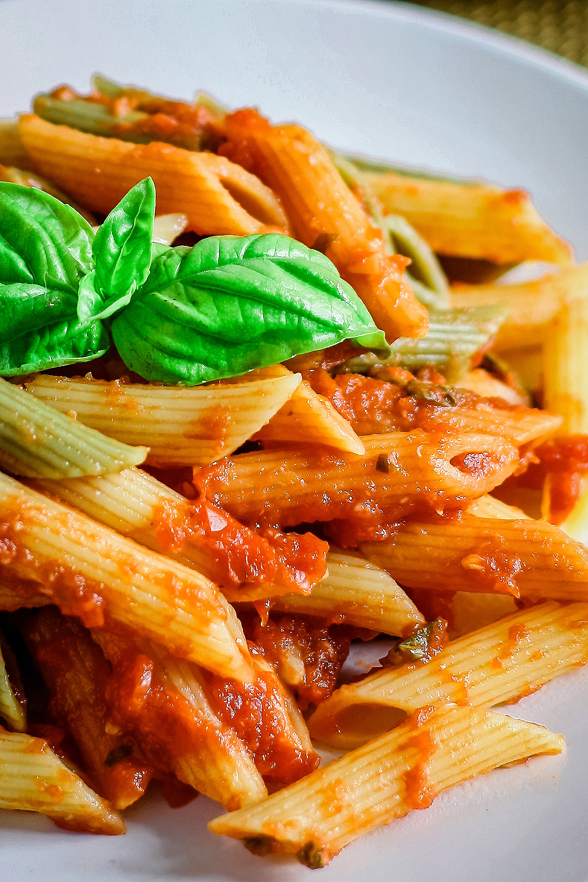 plate of pasta and roasted garlic tomato sauce with fresh basil