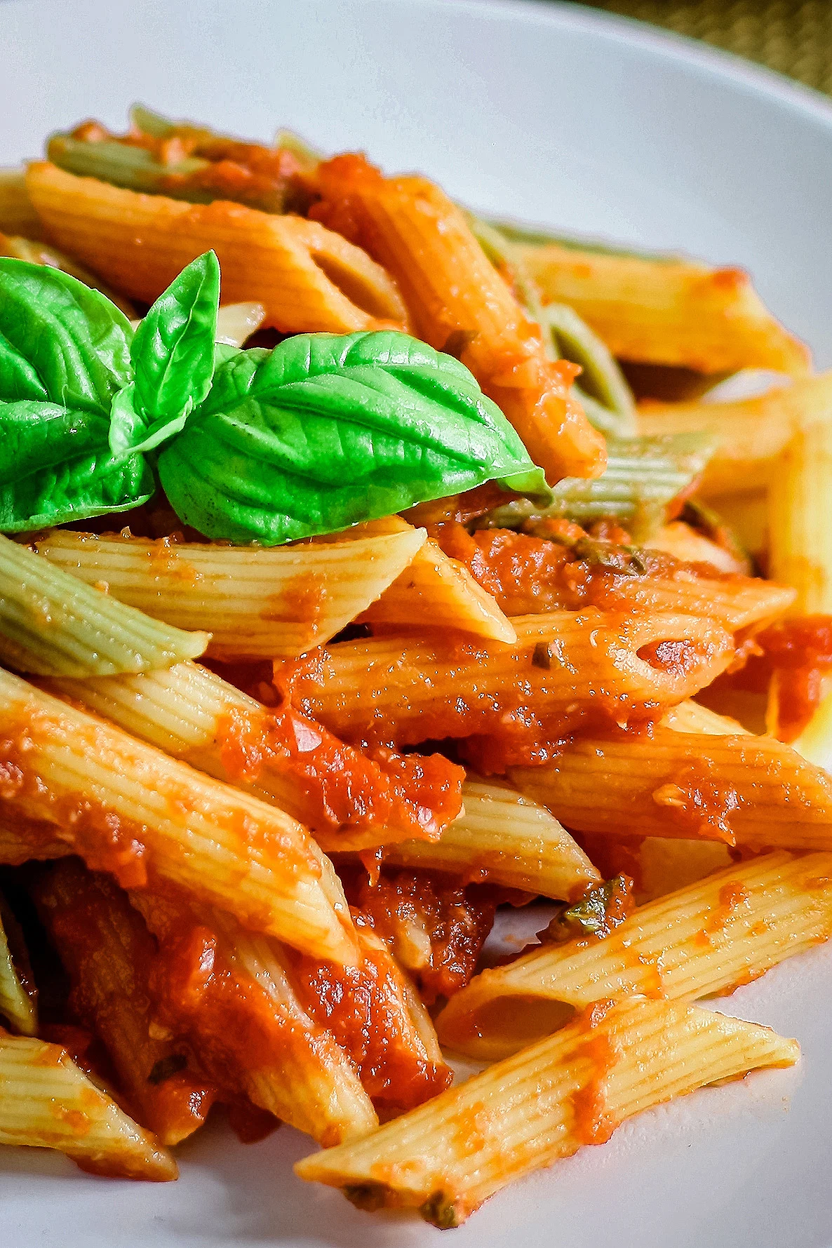 plate of pasta and roasted garlic tomato sauce with fresh basil