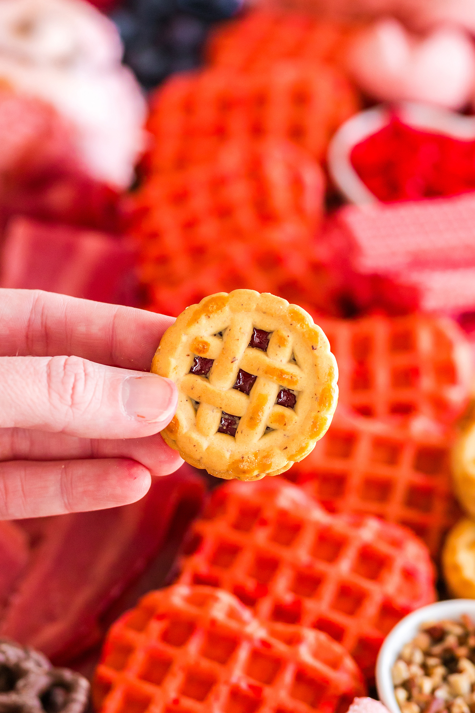 a hand holding a round Lindzer cookie