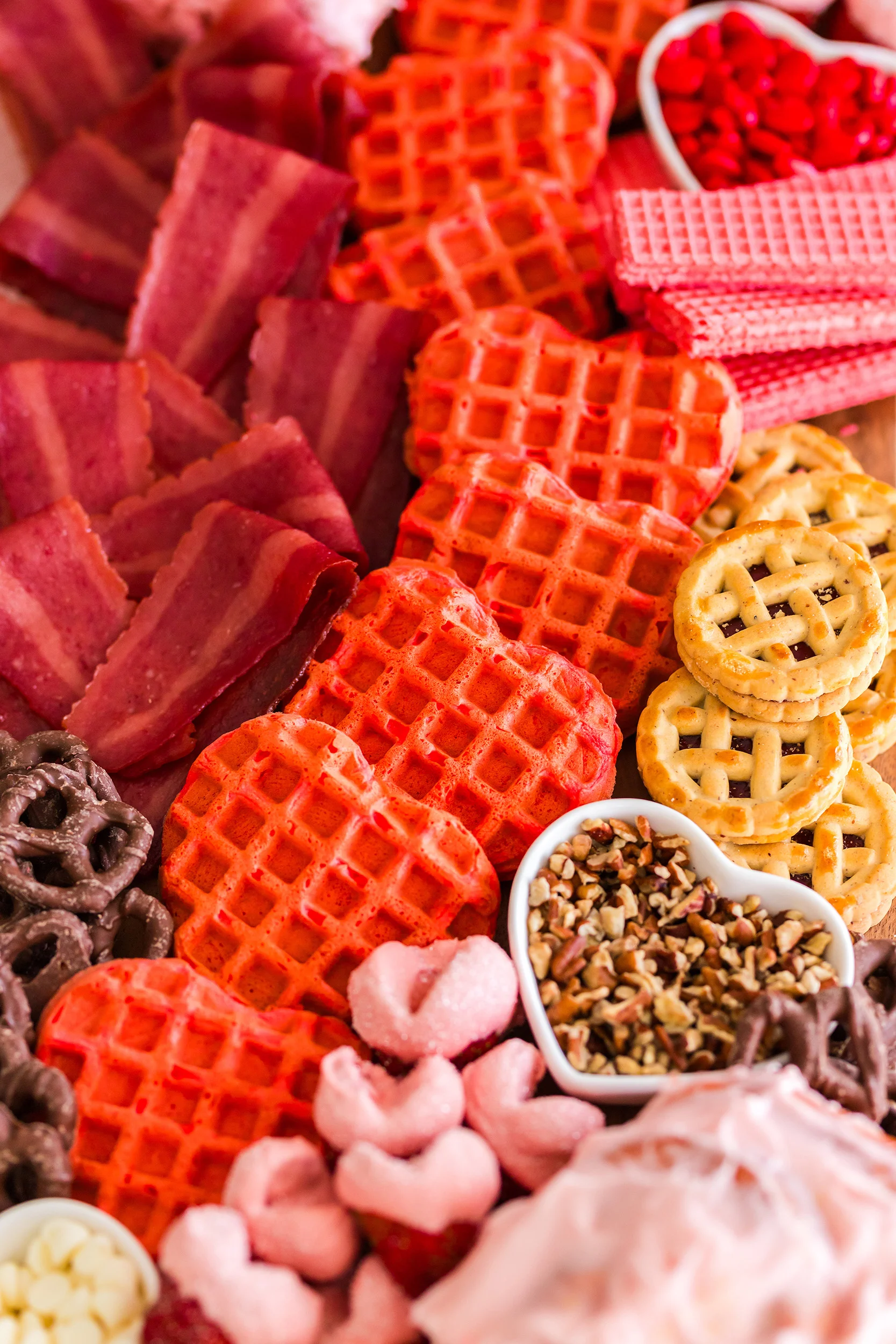 heart shaped pink strawberry waffles